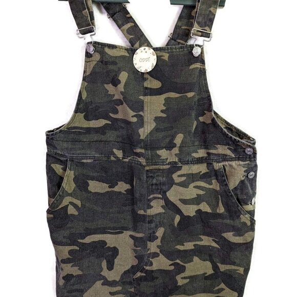 ODDY Women size L Distressed Denim Camouflage Bib Overall Jumper Dress - Picture 1 of 16